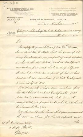 Letter sent by A J R Trendall [Department of Science and Art] to GSA (Version 1)