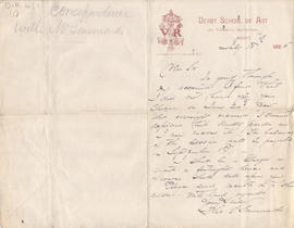 Letter sent by Simmonds [from Derby School of Art] to Edward Catterns, GSA Secretary