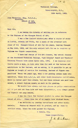 Letter received by John Henderson, Director of Glasgow School of Art