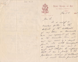 Letter sent by Simmonds [from Derby School of Art] to Edward Catterns, GSA Secretary (Version 1)