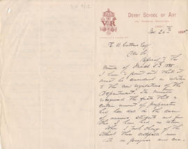 Letter sent by Simmonds [from Derby School of Art] to Edward Catterns, GSA Secretary (Version 1)