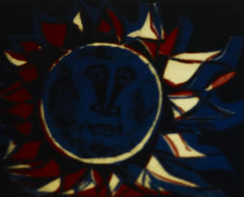 Slide of stained glass panel with sun