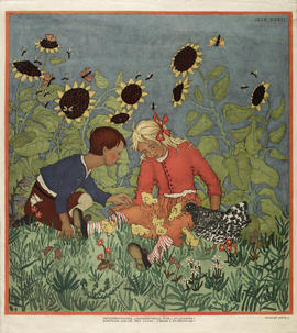 Poster of boy and girl with sunflowers, hen and chicks