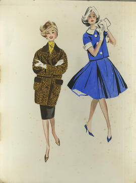 Illustration featuring two women in outfits - one wearing brown patterned coat, one wearing blue ...