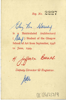 Elizabeth Marion Harvey's Glasgow School of Art matriculation card for 1948-1949 (Version 2)