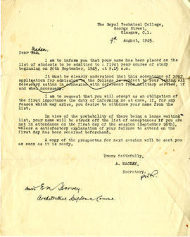 A letter from the Royal Technical College to Elizabeth Marion Harvey informing of her admission t...