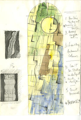 Annotated sketch, possibly of Suggested Design B for Stairway Window, Mrs Muirhead