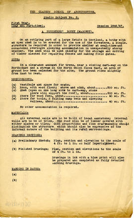 First year Studio Subject No. 2 coursework instructions from session 1946/47