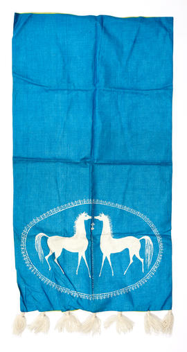 Blue fabric hanging with white tassels (Version 1)