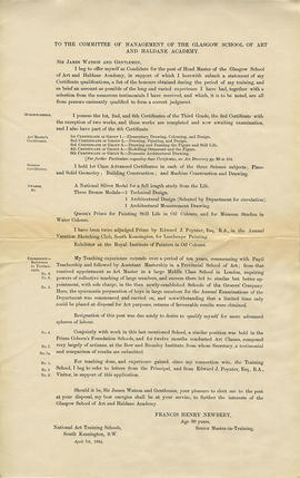 Francis H. Newbery's application to be Head Master of The Glasgow School of Art