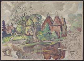 Oast houses, with pond in foreground