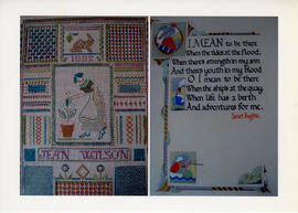 Printed page of images featuring embroidery and calligraphy work