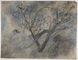 Ethereal composition of central tree and four female nudes (Version 1)