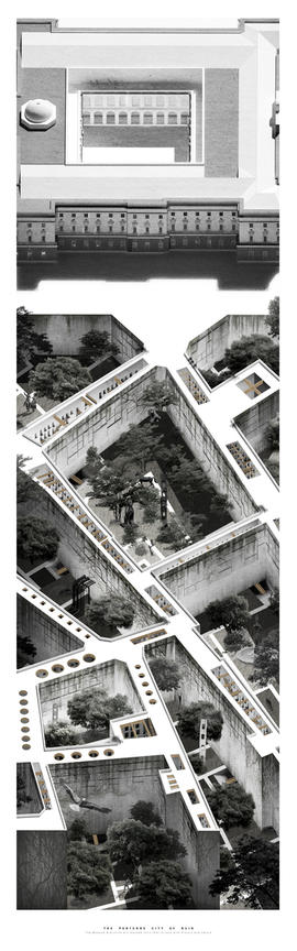 Architectural drawing: Aerial view of the city of ruin
