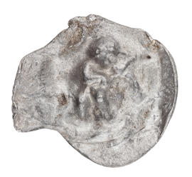 Miniature round button, featuring three-dimensional figure (Version 1)